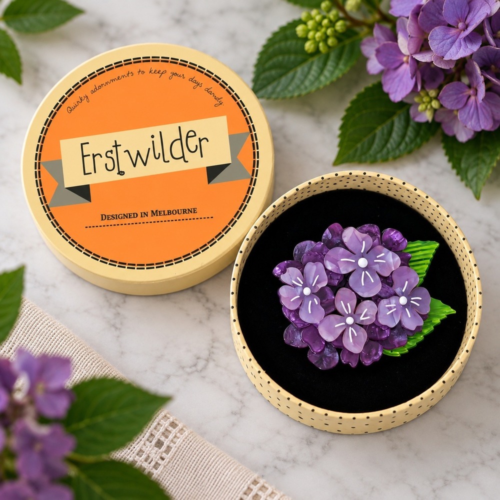 NWT Erstwilder Brooch Women Purple Heartfelt Hydrangea Resin Floral Pin Jewelry